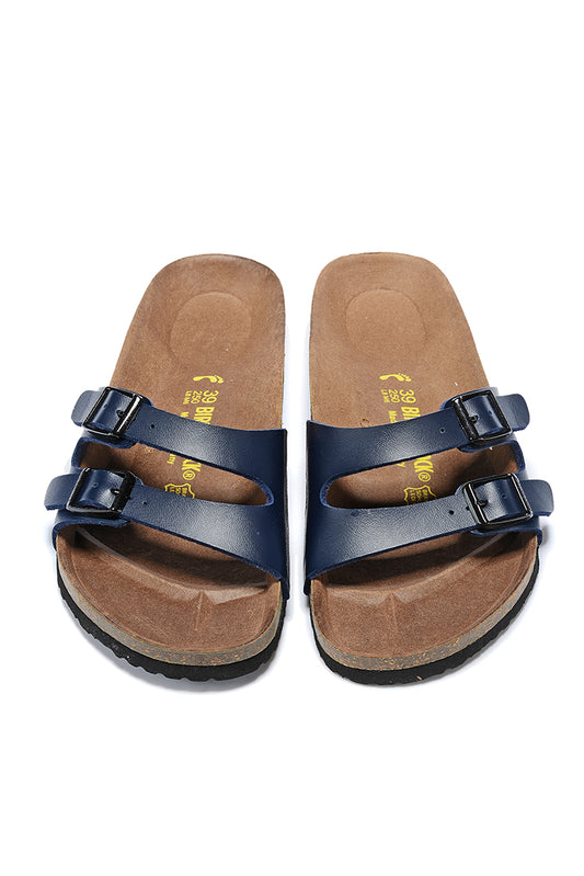 Birkenstock Two Buckle Thin Belt Navy Matte Leather Slippers