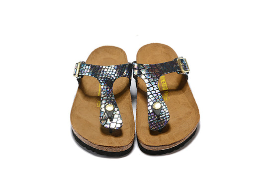 Birkenstock Black Snakeskin Reflective Flip Flops Leather Sandals