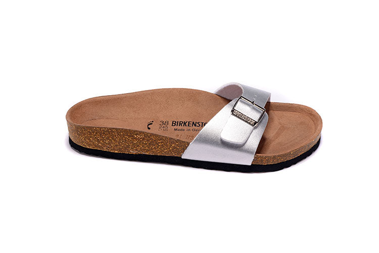 Birkenstock Single Button Silver Matte Leather Slippers