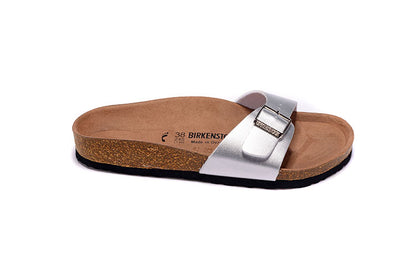 Birkenstock Single Button Silver Matte Leather Slippers