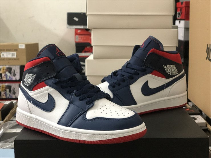 Nike Air Jordan 1 Mid SE USA Olympic White Navy Blue Red Sneakers