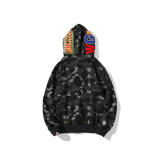 A Bathing Ape BAPE Shark Head Tiger Head Double Cap Camouflage Hoodie Black