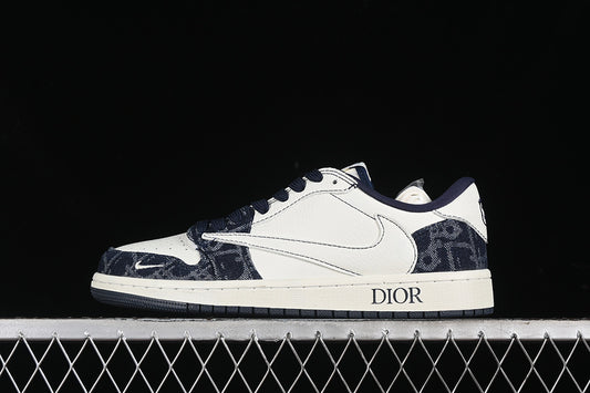 Travis Scott Fragment Design Nike Air Jordan 1 Low Dior OG SP Denim Dark Blue White Sneakers