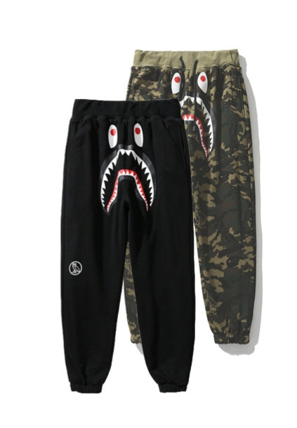 A Bathing Ape Shark Head Camouflage Patchwork Double Face Wear Trousers Black