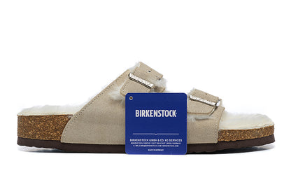 Birkenstock Two-Button Cream Scrub Leather White Fur Lining Slippers