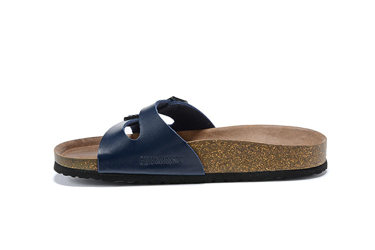 Birkenstock Two Buckle Thin Belt Navy Matte Leather Slippers