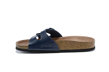 Birkenstock Two Buckle Thin Belt Navy Matte Leather Slippers