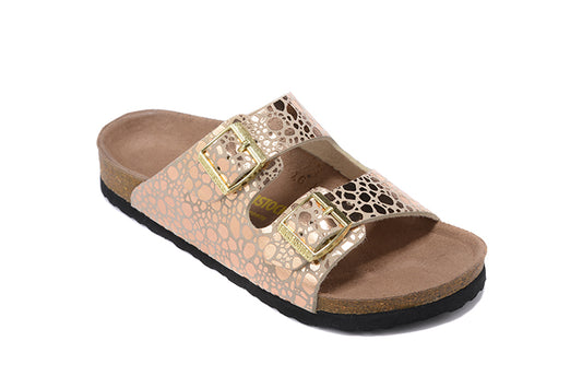 Birkenstock Two-Button Rose Gold Metal Stone Matte Leather Slippers