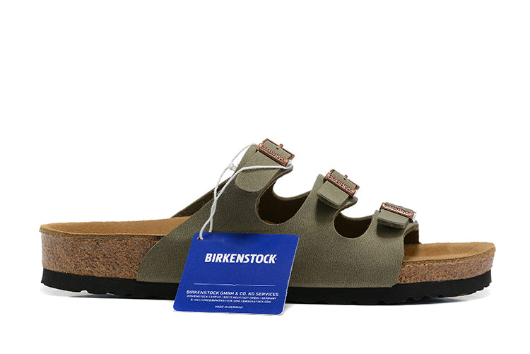 Birkenstock Three-Button Grayish Green Scrub Leather Casual Sandals