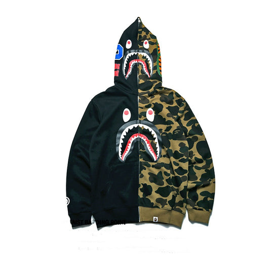 A Bathing Ape BAPE Shark Head Splicing Camouflage Zipper Hoodie Black And Green