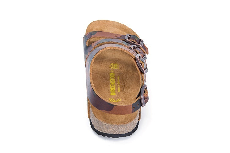 Birkenstock Ellice Three-Button Brown Camouflage Matte Leather Strappy Sandals
