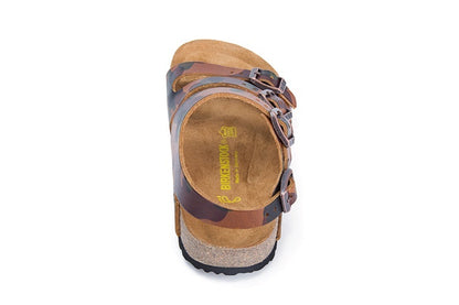 Birkenstock Ellice Three-Button Brown Camouflage Matte Leather Strappy Sandals