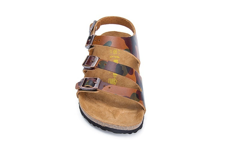 Birkenstock Ellice Three-Button Brown Camouflage Matte Leather Strappy Sandals