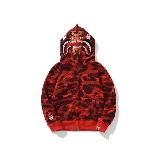 A Bathing Ape BAPE Shark Head Tiger Head Joint Edition Double Hat Camouflage Red Hoodie