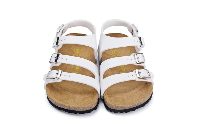 Birkenstock Ellice Three-Button White Matte Leather Strappy Sandals