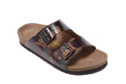Birkenstock Two-Button Brown Camouflage Matte Leather Slippers
