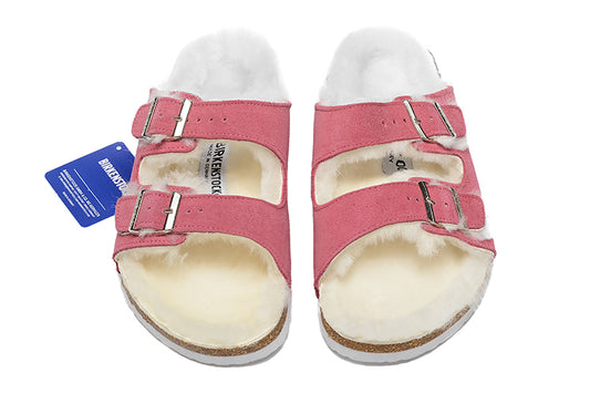 Birkenstock Two-Button Pink Scrub Leather White Fur Lining Slippers