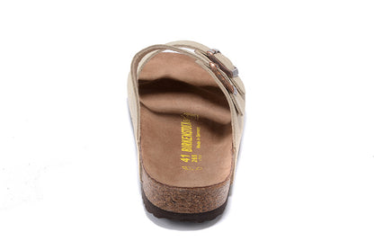 Birkenstock Two-Button khaki Scrub Leather Slippers
