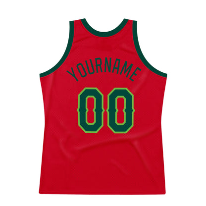 Custom Red Hunter Green-Neon Green Authentic Throwback Basketball Jersey